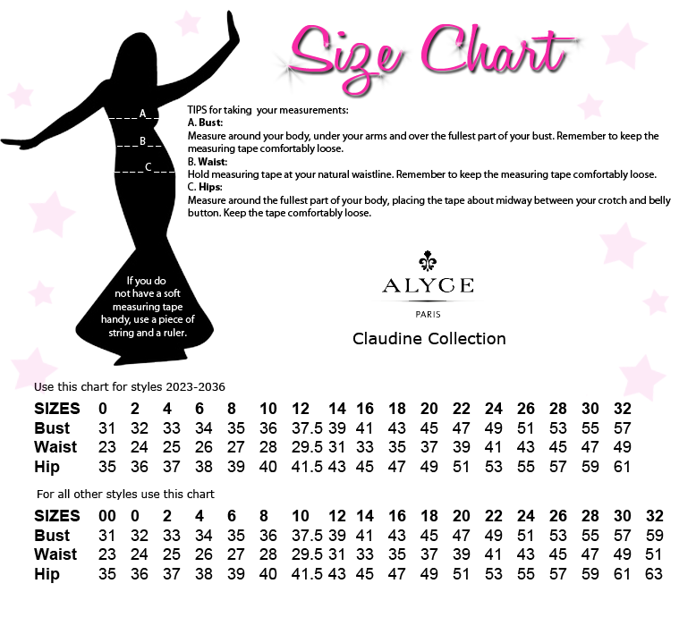 Alyce Designs Claudine Collection Size Chart