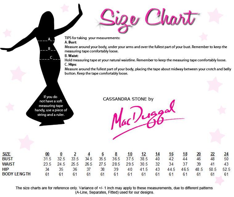 Cassandra Stone by Mac Duggal Size Chart